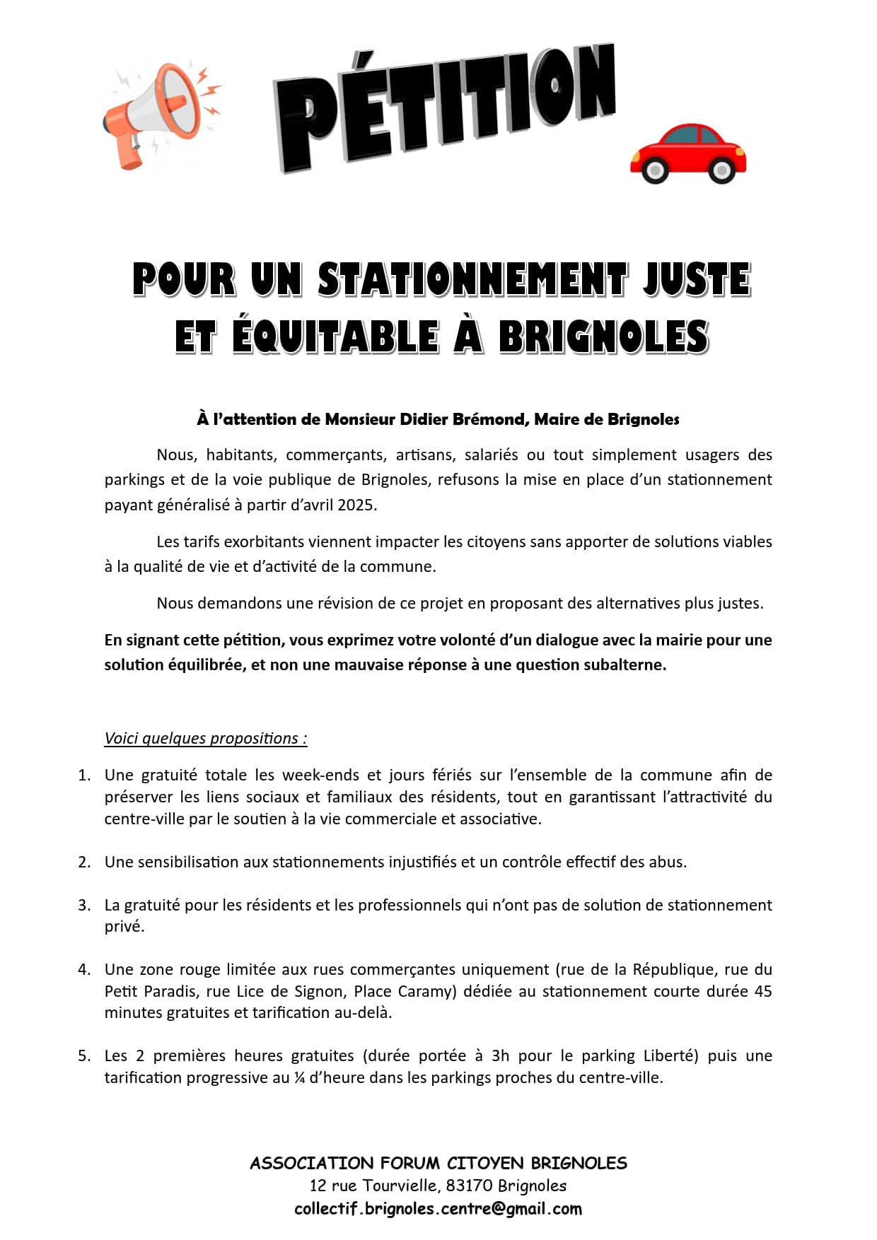Pétition du Forum citoyen de Brignoles pour un stationnement juste et équitable